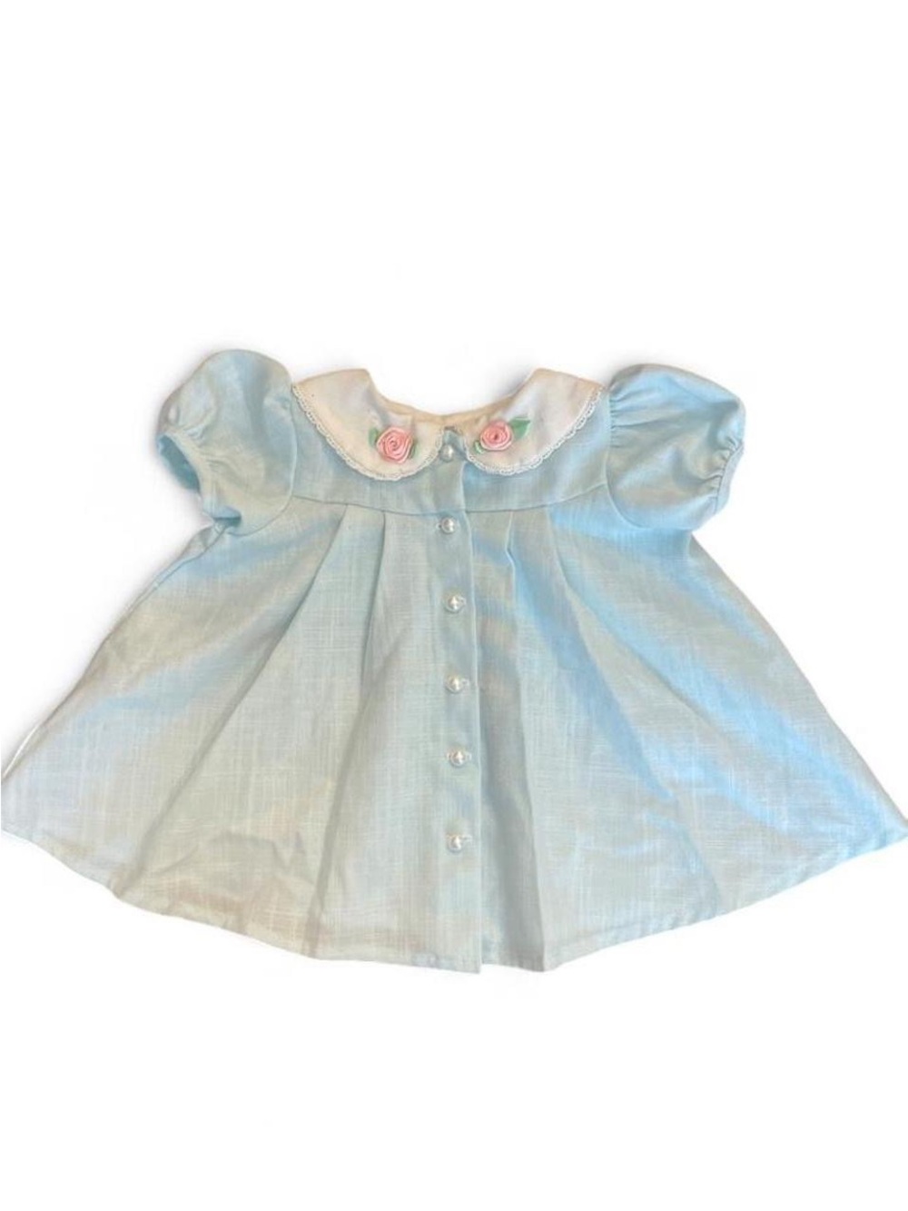 Handmade Baby blue baby dress with white lace collar and pink rose appliqués